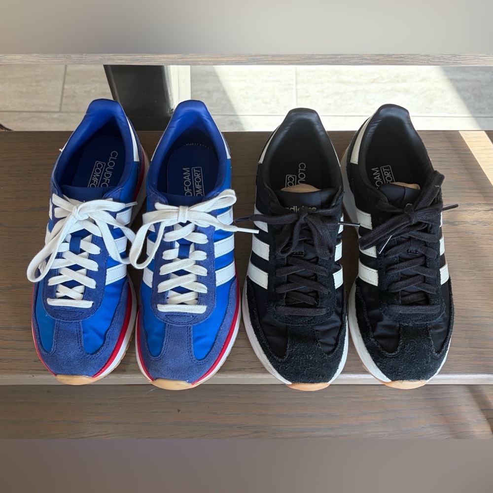 2 PAIR! Women’s Adidas Run 70’s trainers, black/white AND red/white/royal blue